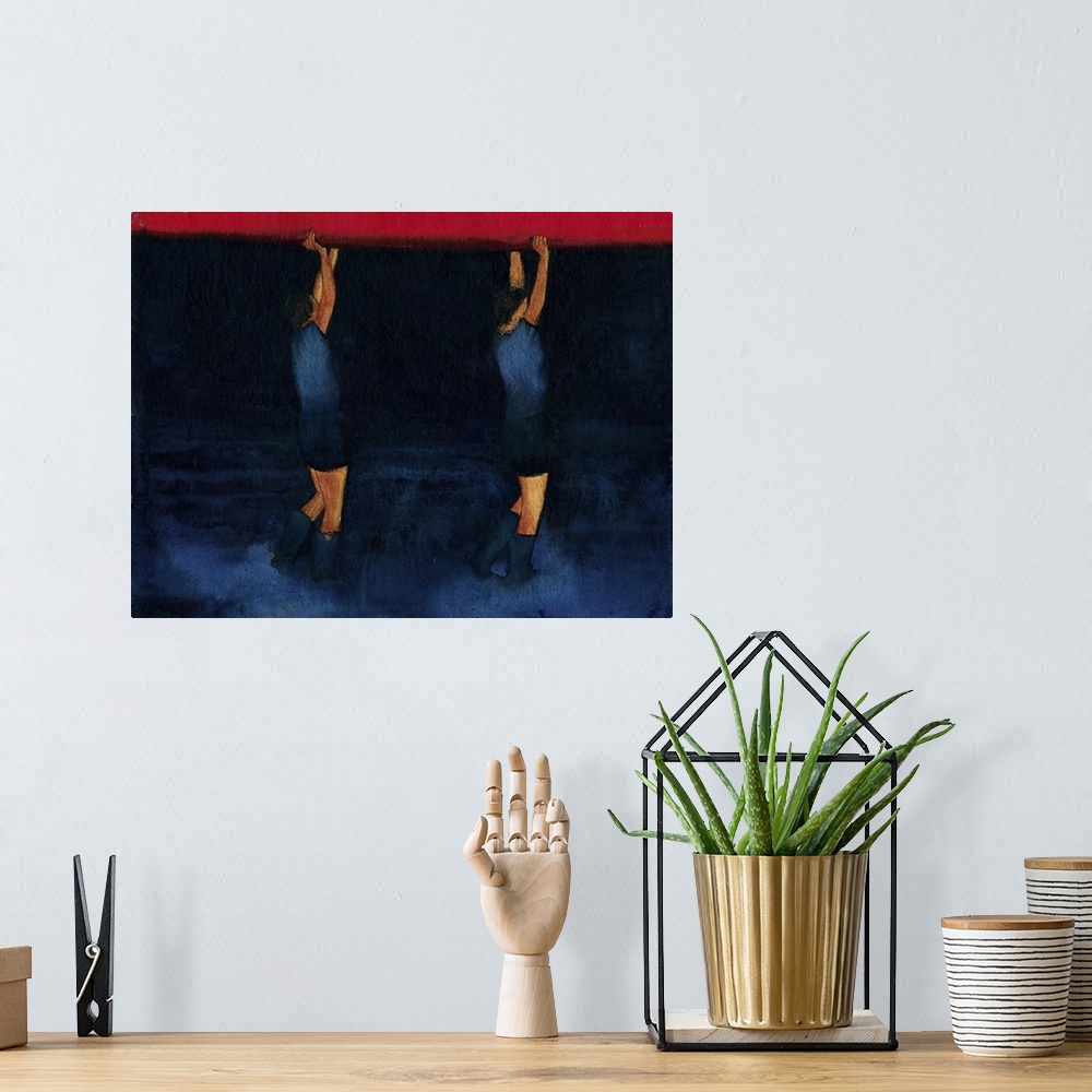 A bohemian room featuring Contemporary painting of two people carrying a rowboat.