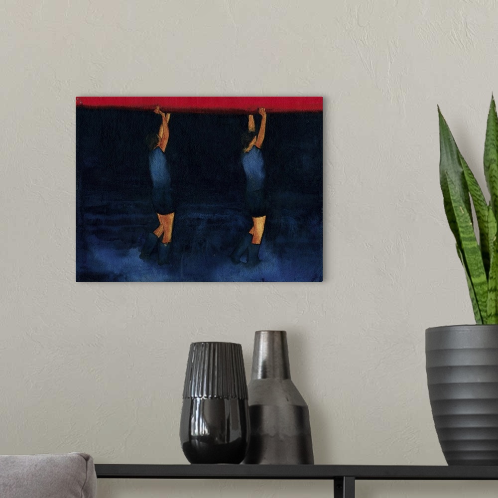 A modern room featuring Contemporary painting of two people carrying a rowboat.