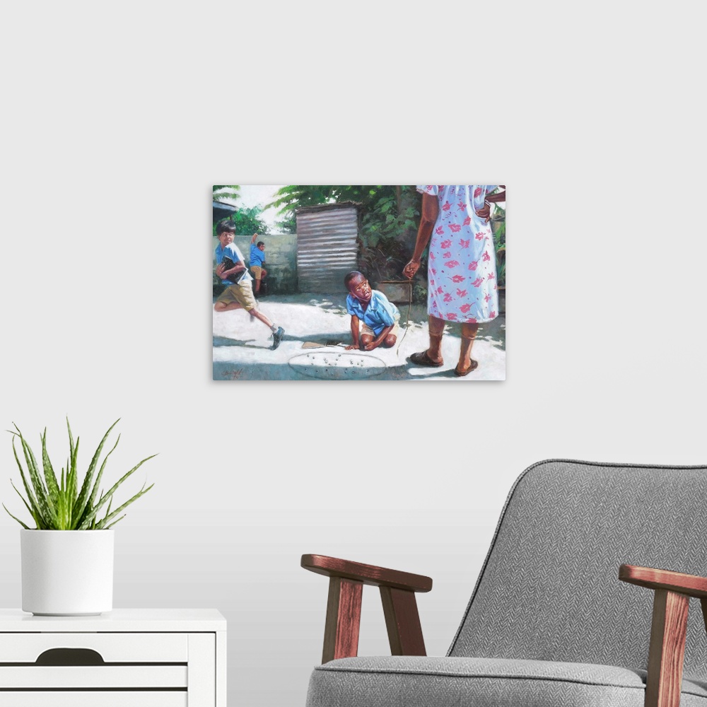 A modern room featuring Contemporary painting of boys playing marbles in a courtyard.