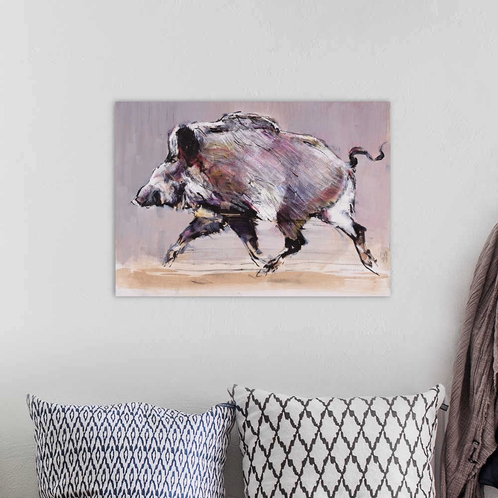 A bohemian room featuring Contemporary wildlife painting of a wild boar.
