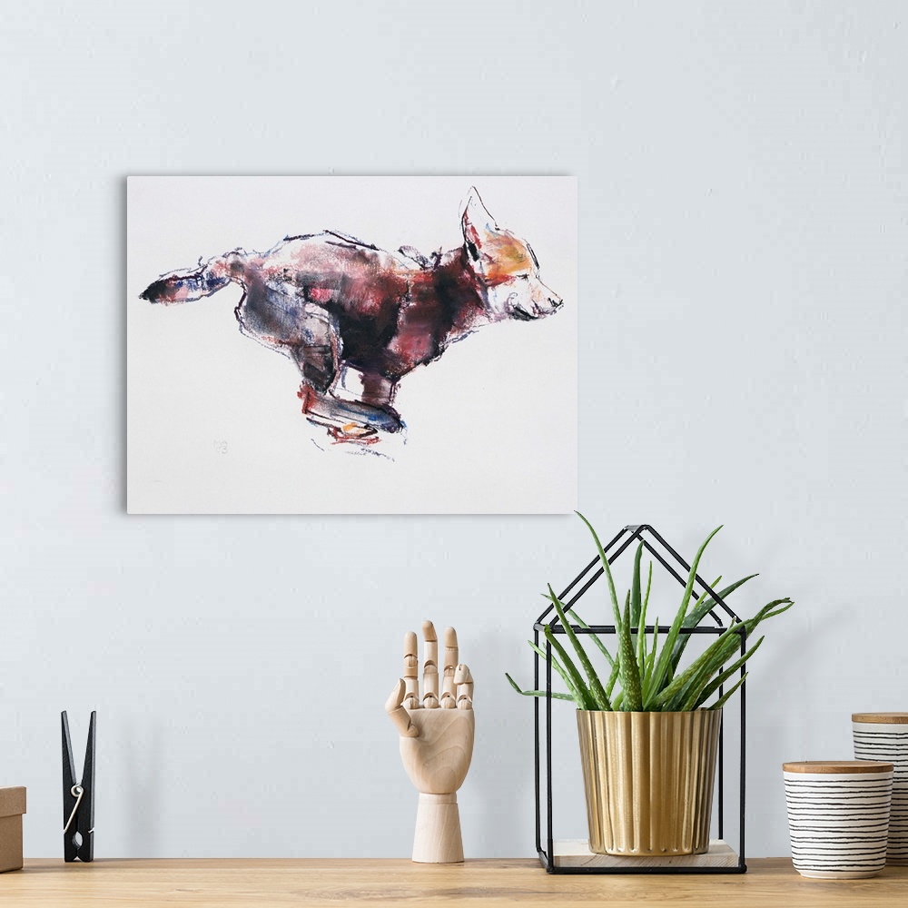 A bohemian room featuring Contemporary wildlife painting of a young wolf cub.