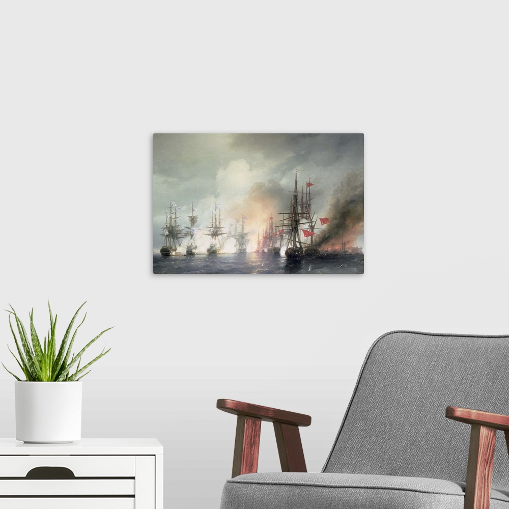 A modern room featuring BAL209486 Russian-Turkish Sea Battle of Sinop on 18th November 1853, 1853 (oil on canvas)  by Aiv...