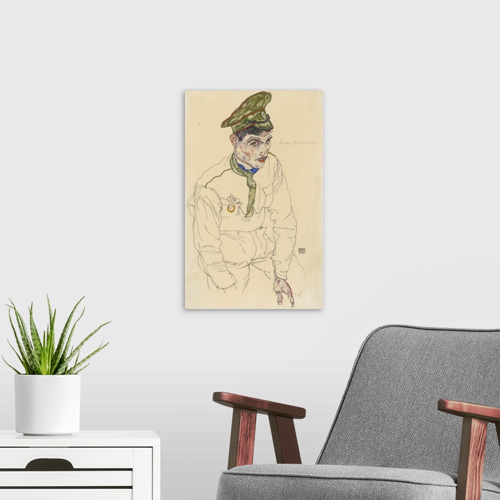 A modern room featuring Russian War Prisoner, 1916, gouache, graphite, and touches of watercolor on cream wove paper.