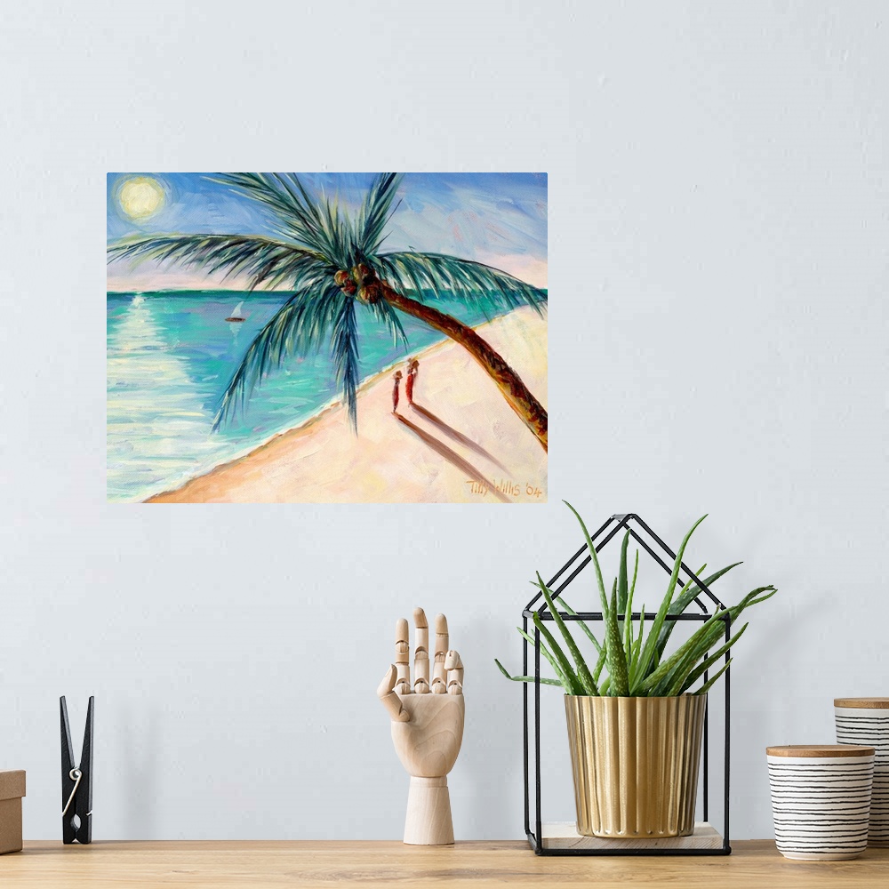 A bohemian room featuring Contemporary painting of a tropical beach scene with figures and sail boat watching the sun setting.