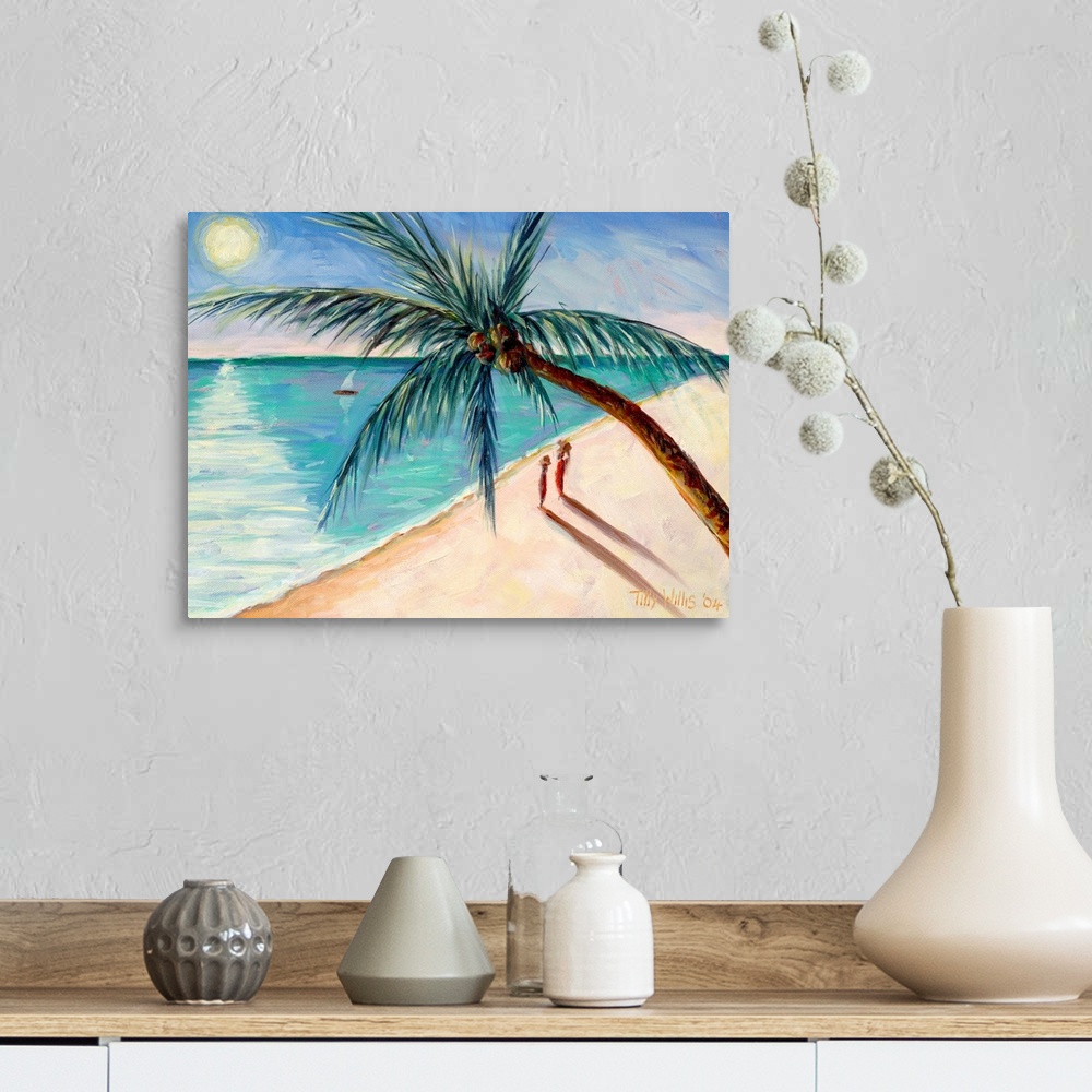 A farmhouse room featuring Contemporary painting of a tropical beach scene with figures and sail boat watching the sun setting.