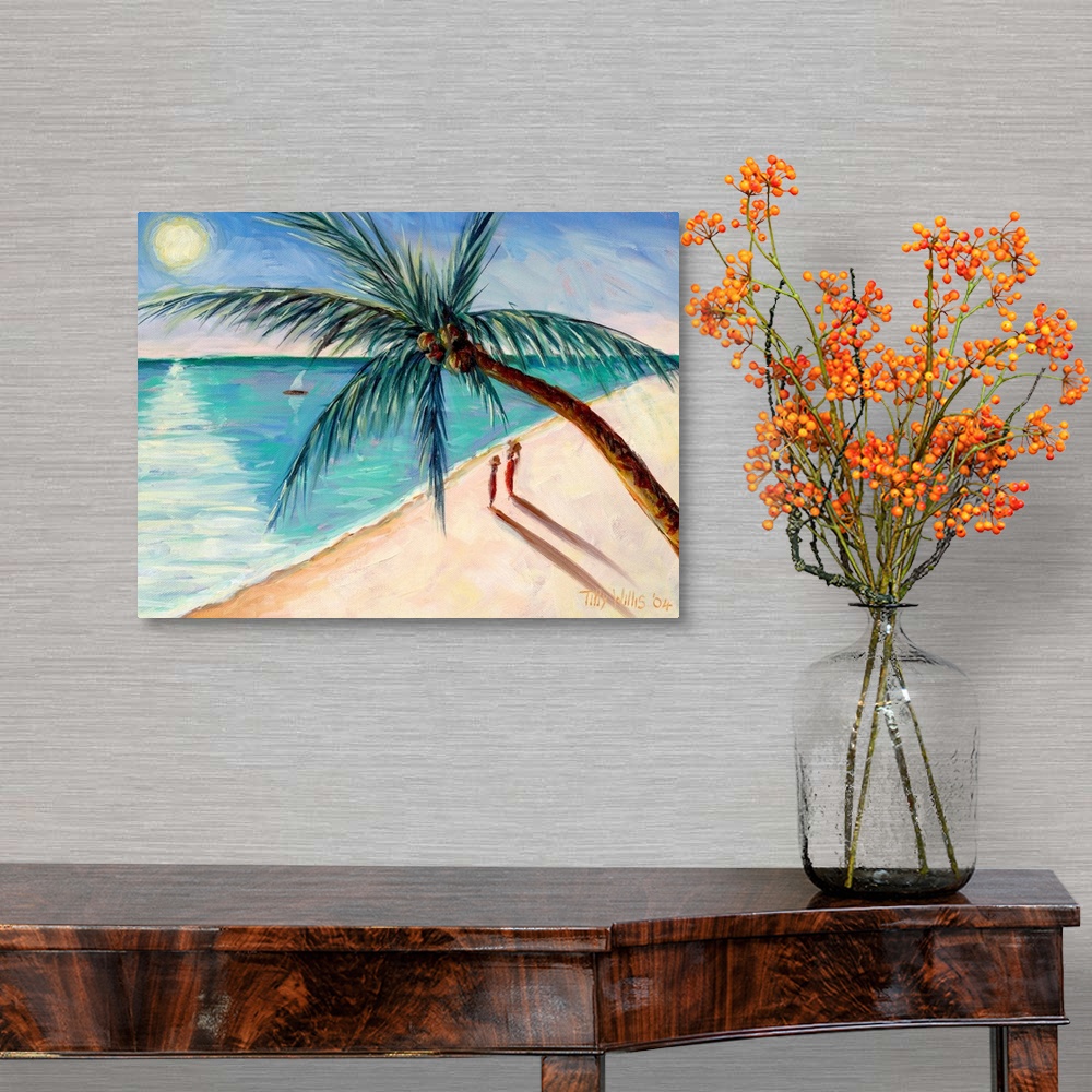 A traditional room featuring Contemporary painting of a tropical beach scene with figures and sail boat watching the sun setting.