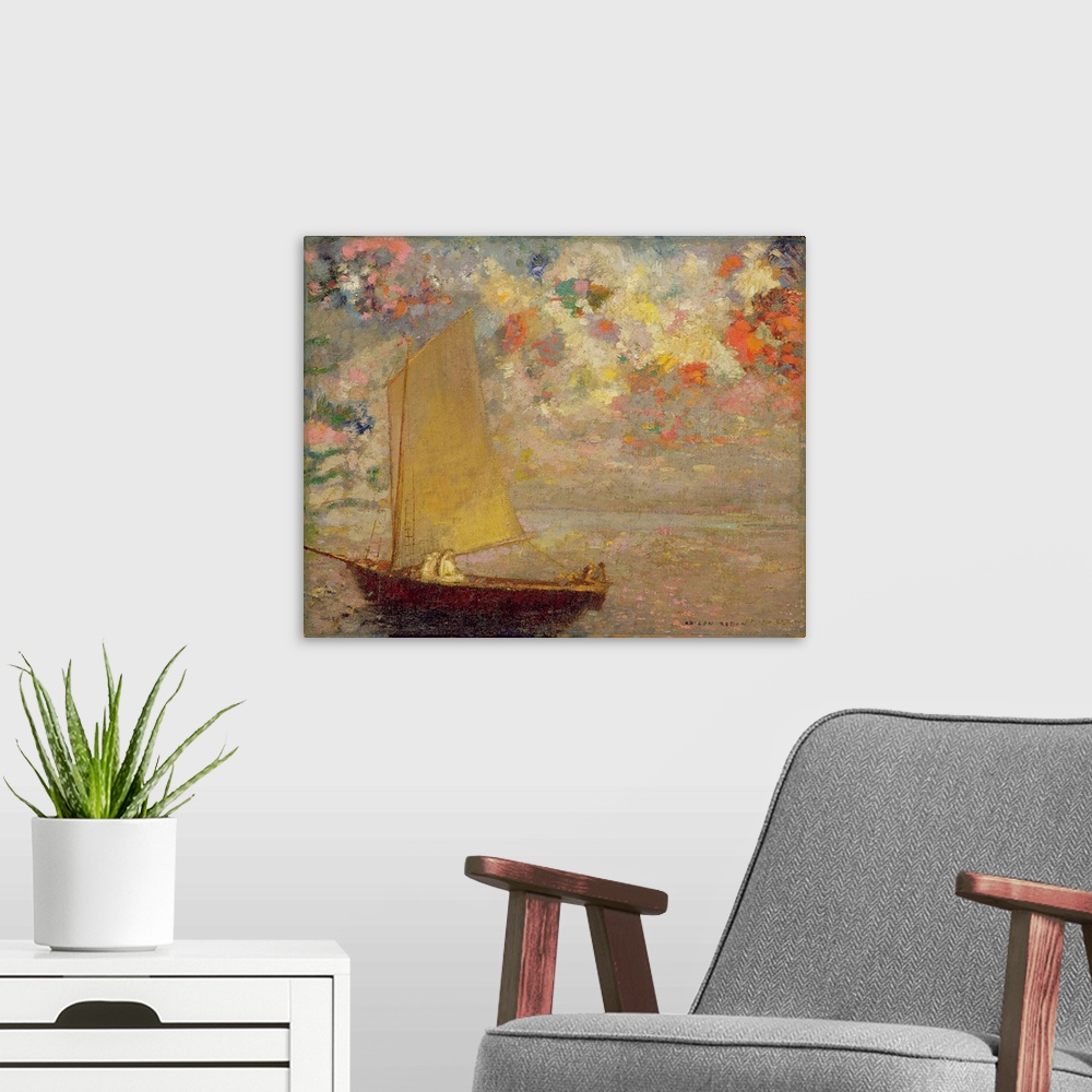 A modern room featuring Sailboat, 1905, oil on canvas.  By Odilon Redon (1840-1916).