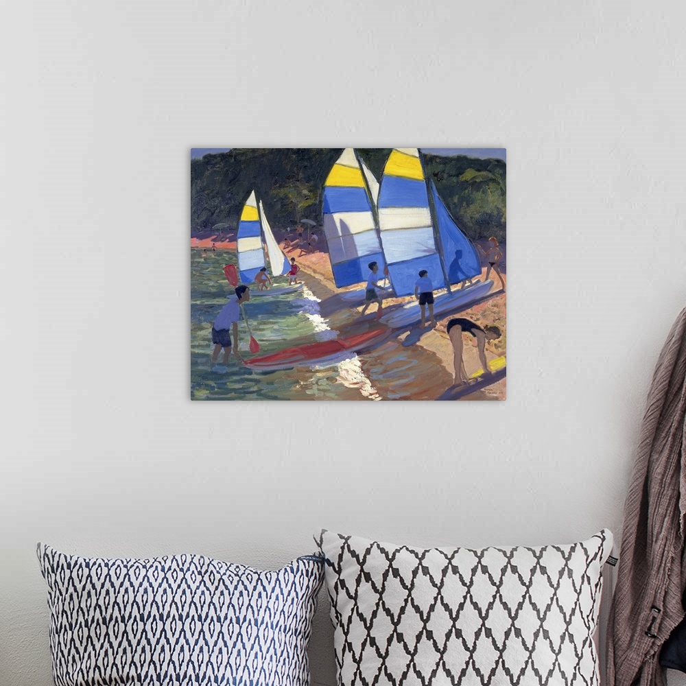 A bohemian room featuring Horizontal, large wall painting of several groups of people pulling sailboats onto the shoreline,...