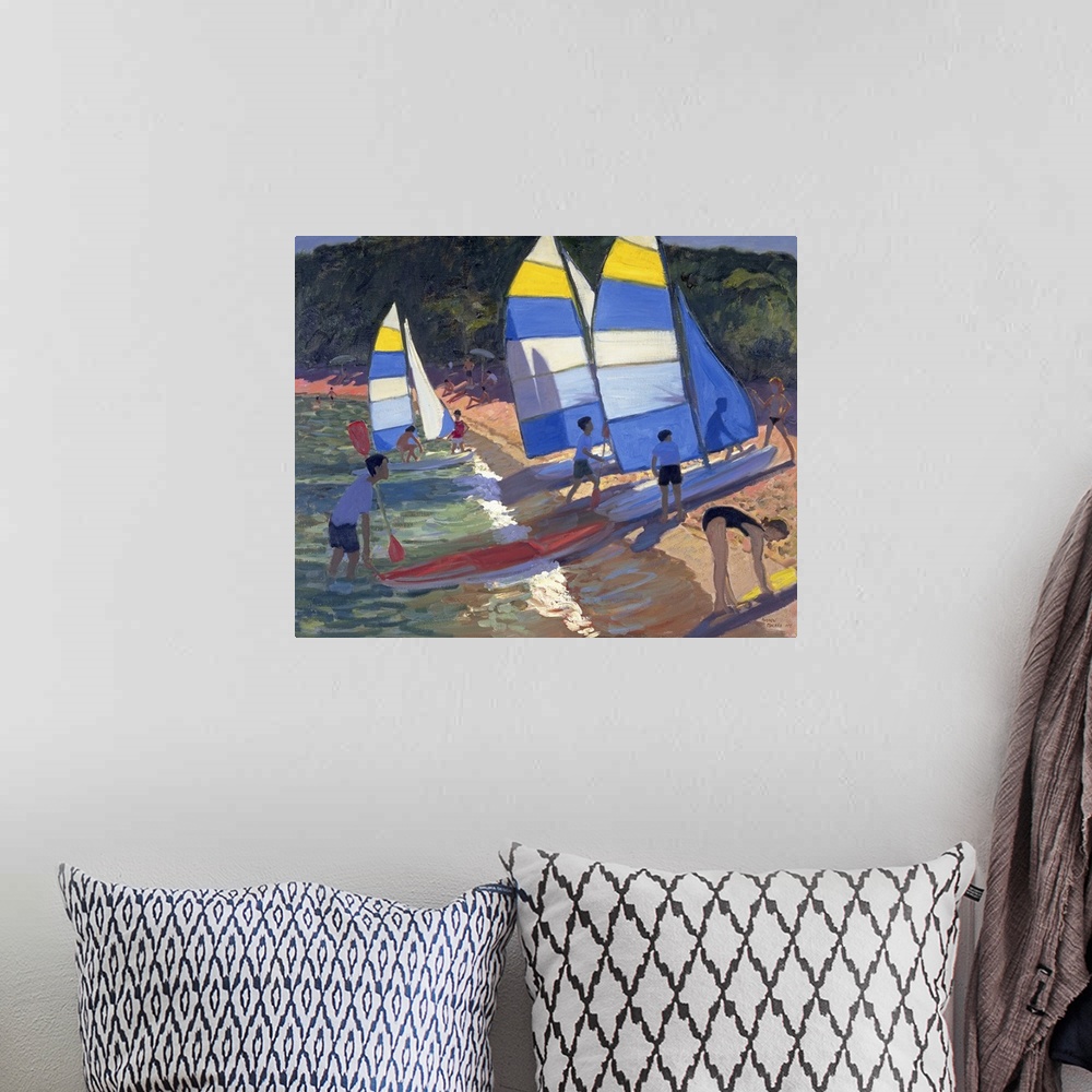 A bohemian room featuring Horizontal, large wall painting of several groups of people pulling sailboats onto the shoreline,...