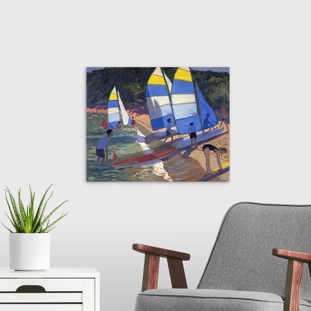 A modern room featuring Horizontal, large wall painting of several groups of people pulling sailboats onto the shoreline,...