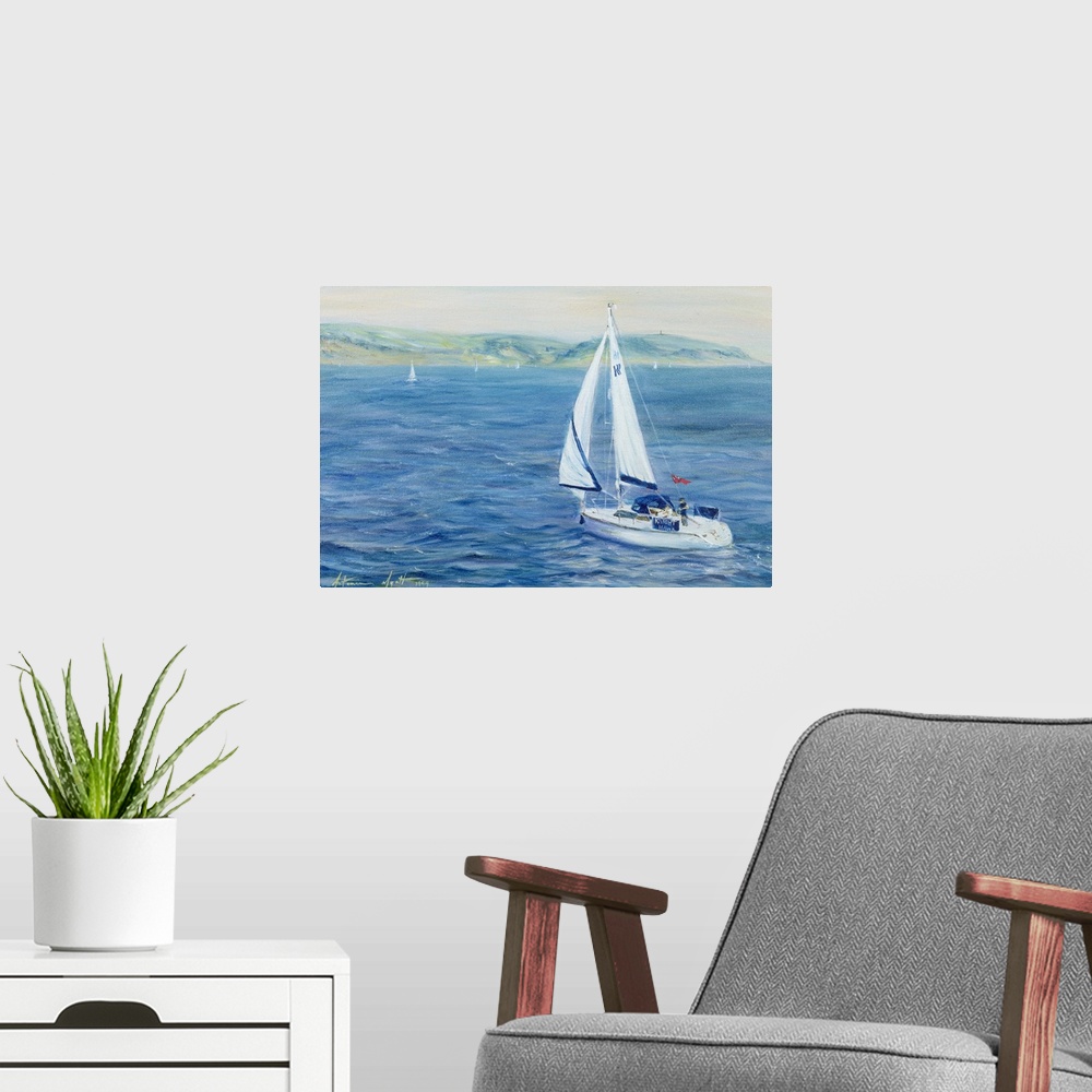 A modern room featuring This landscape painting of a sailboat off the coast is decorative wall art for the home or office.