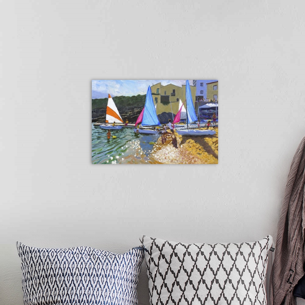 A bohemian room featuring Contemporary painting of a coastal town with colorful sailboats on the shore.