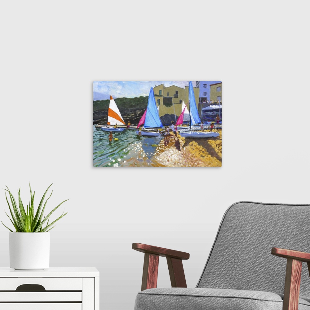 A modern room featuring Contemporary painting of a coastal town with colorful sailboats on the shore.