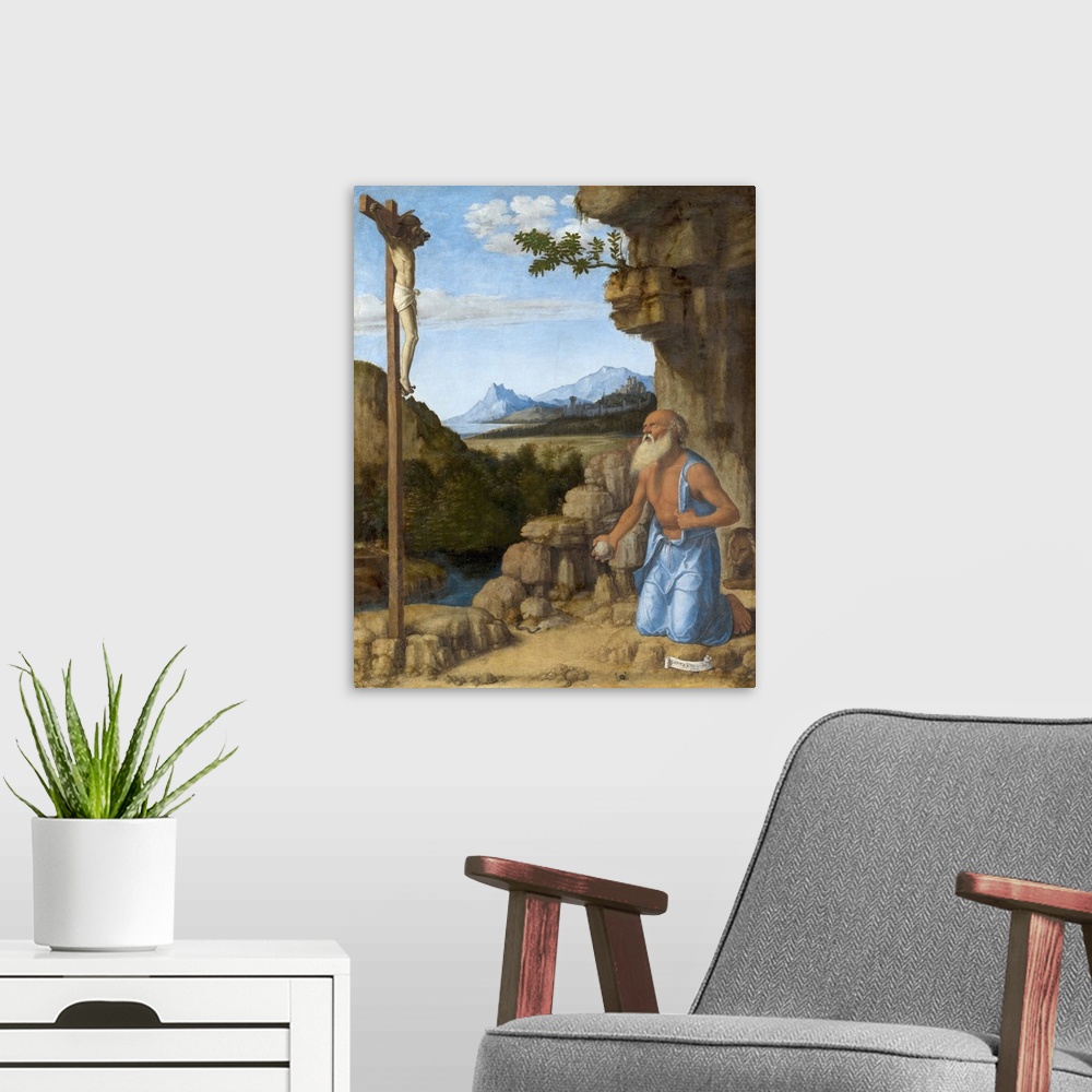A modern room featuring Saint Jerome in the Wilderness, c. 1500-05