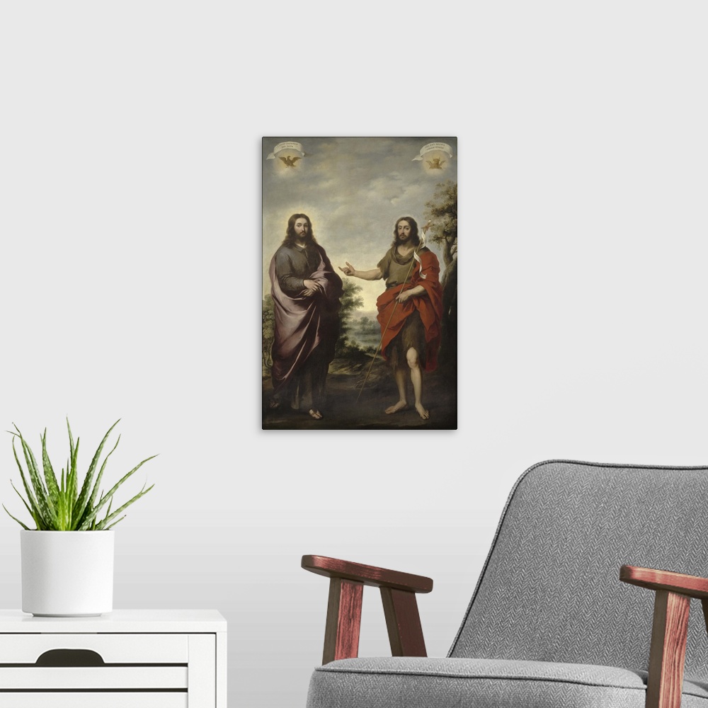 A modern room featuring Saint John the Baptist Pointing to Christ, c.1655, originally oil on canvas.