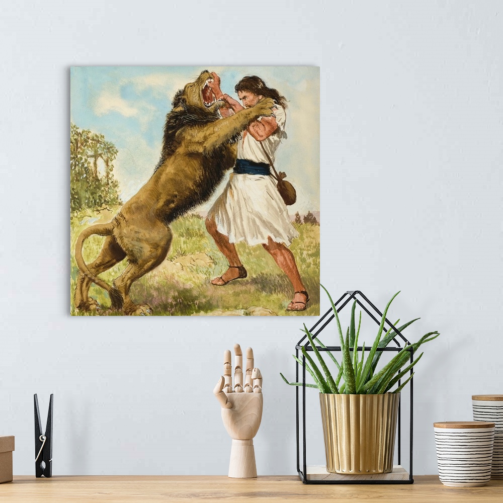 A bohemian room featuring Samson Fighting a Lion. Original artwork for illustration on page 9 of Treasure issue number 172.