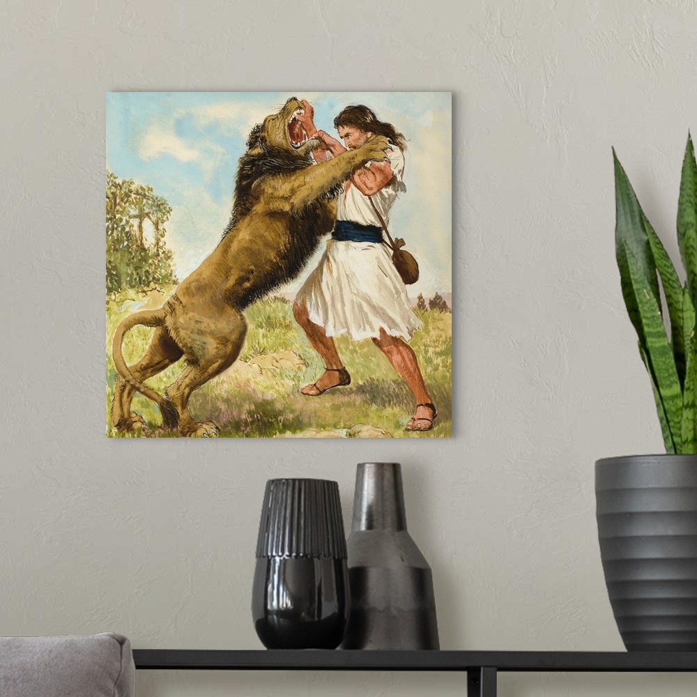 A modern room featuring Samson Fighting a Lion. Original artwork for illustration on page 9 of Treasure issue number 172.