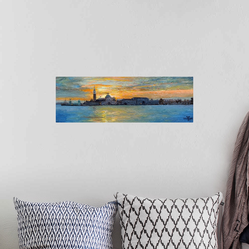 A bohemian room featuring A large panoramic painting of buildings sitting on a lagoon in Italy. A sunset sky can be seen be...