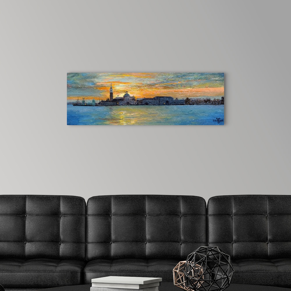A modern room featuring A large panoramic painting of buildings sitting on a lagoon in Italy. A sunset sky can be seen be...