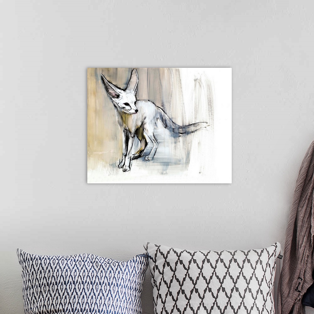 A bohemian room featuring Contemporary wildlife painting of a Fennec Fox.