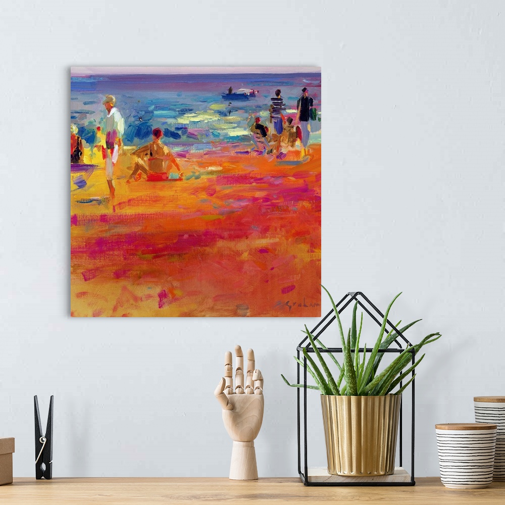 A bohemian room featuring Square painting on a big wall hanging of a warm, sandy beach with a crowd of people near the wate...