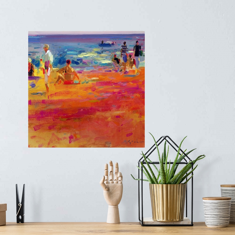 A bohemian room featuring Square painting on a big wall hanging of a warm, sandy beach with a crowd of people near the wate...