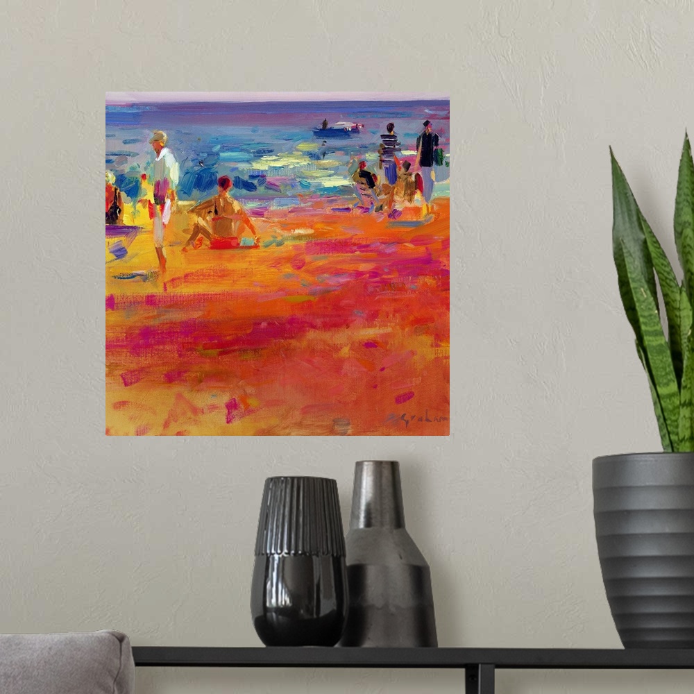 A modern room featuring Square painting on a big wall hanging of a warm, sandy beach with a crowd of people near the wate...