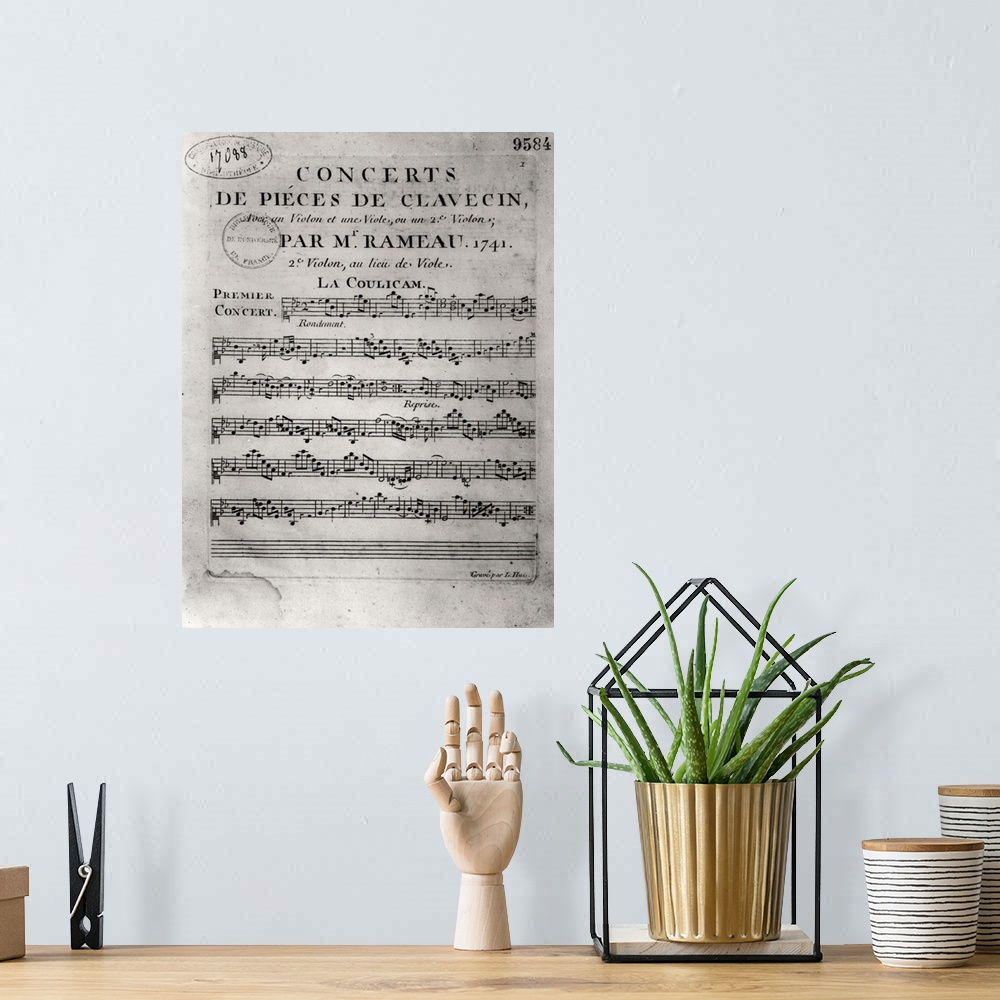 A bohemian room featuring Score sheet for 'Concerts de Pieces de Clavecin' by Jean-Philippe Rameau