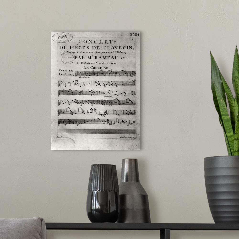 A modern room featuring Score sheet for 'Concerts de Pieces de Clavecin' by Jean-Philippe Rameau