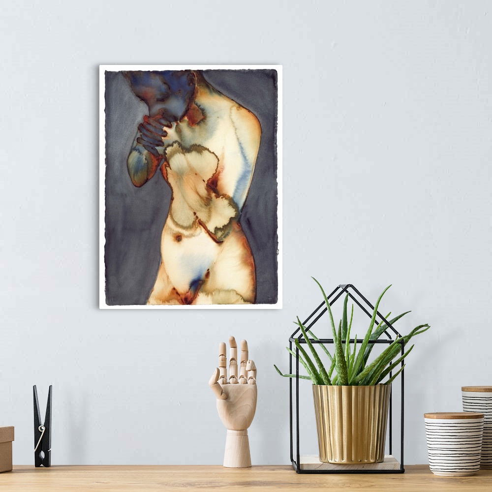 A bohemian room featuring Contemporary painting of a nude figure standing against a gray background.