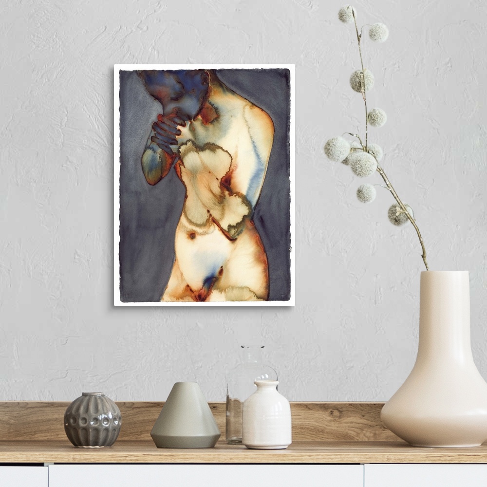 A farmhouse room featuring Contemporary painting of a nude figure standing against a gray background.