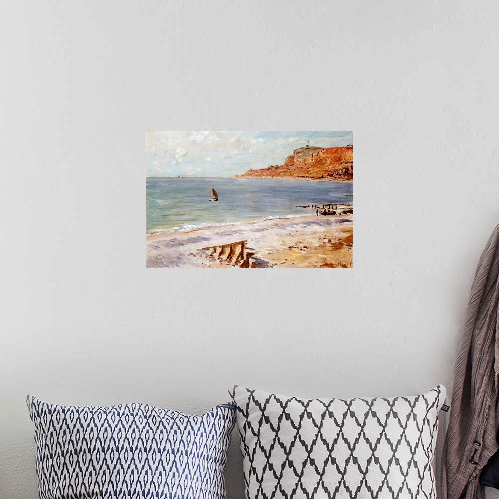 A bohemian room featuring Large oil painting of an ocean scene with cliffs on the right and boats sailing in the water on t...
