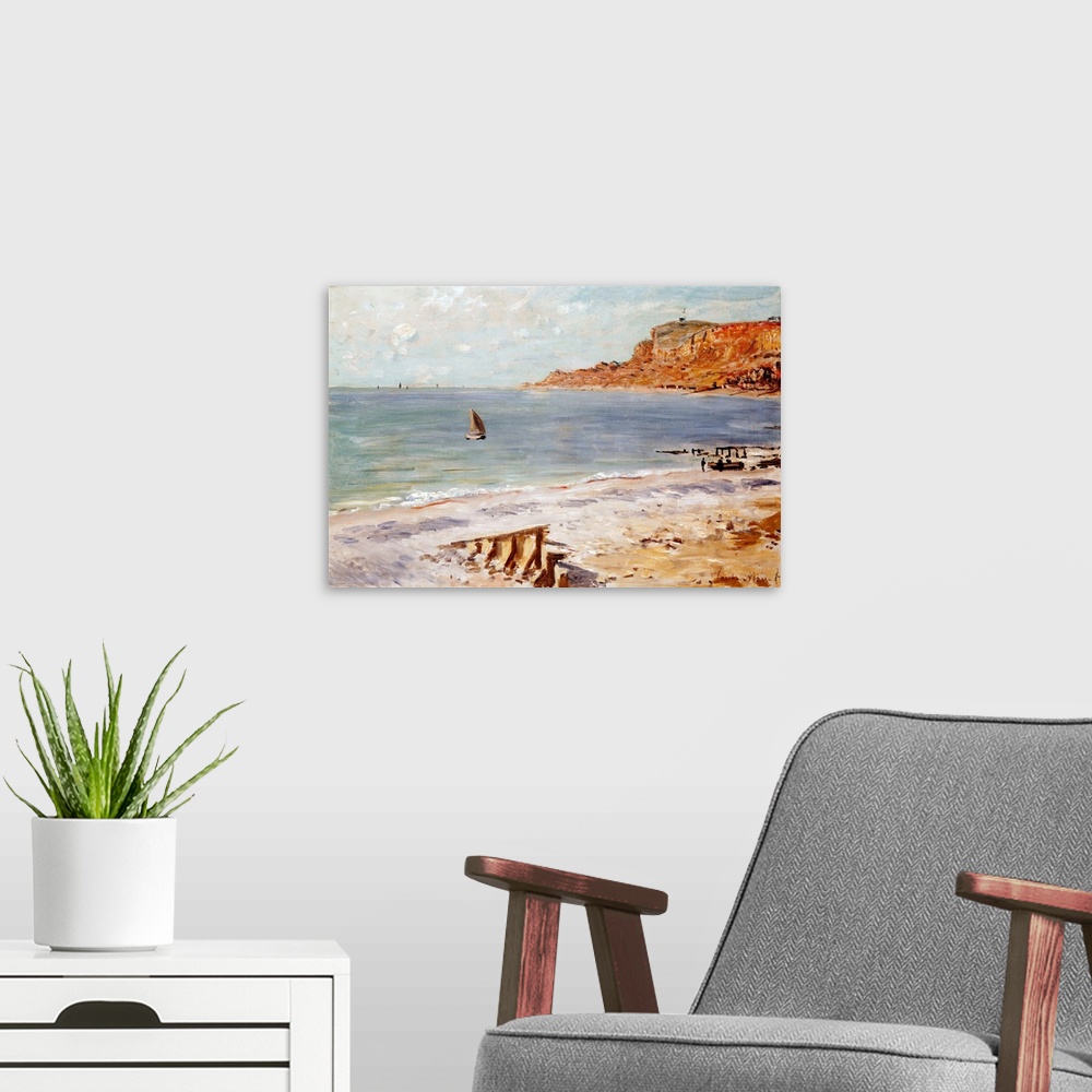 A modern room featuring Large oil painting of an ocean scene with cliffs on the right and boats sailing in the water on t...