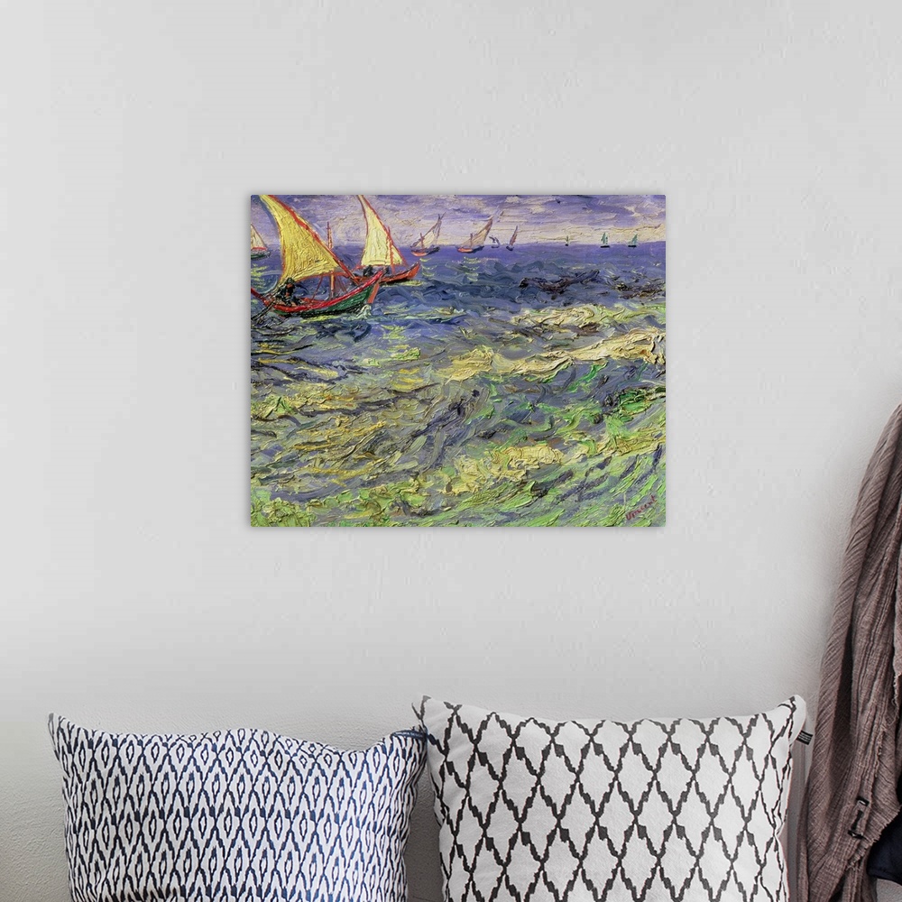 A bohemian room featuring Painting of sailboats on a rough ocean with waves under a cloudy sky.