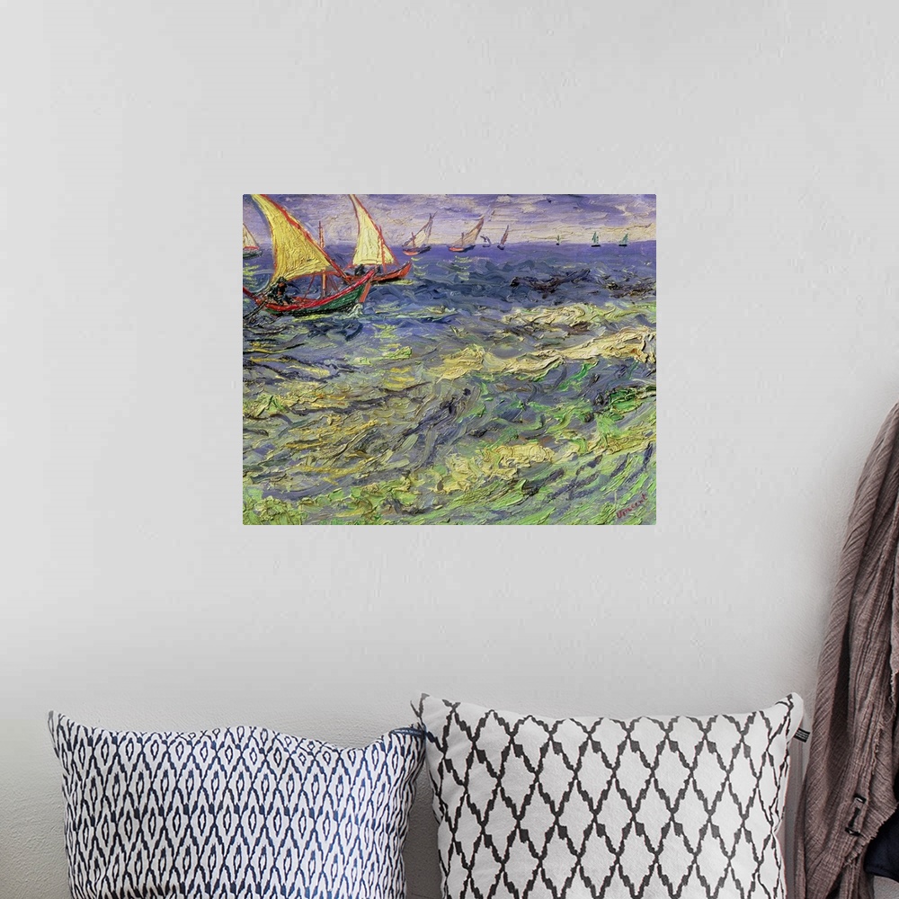A bohemian room featuring Painting of sailboats on a rough ocean with waves under a cloudy sky.