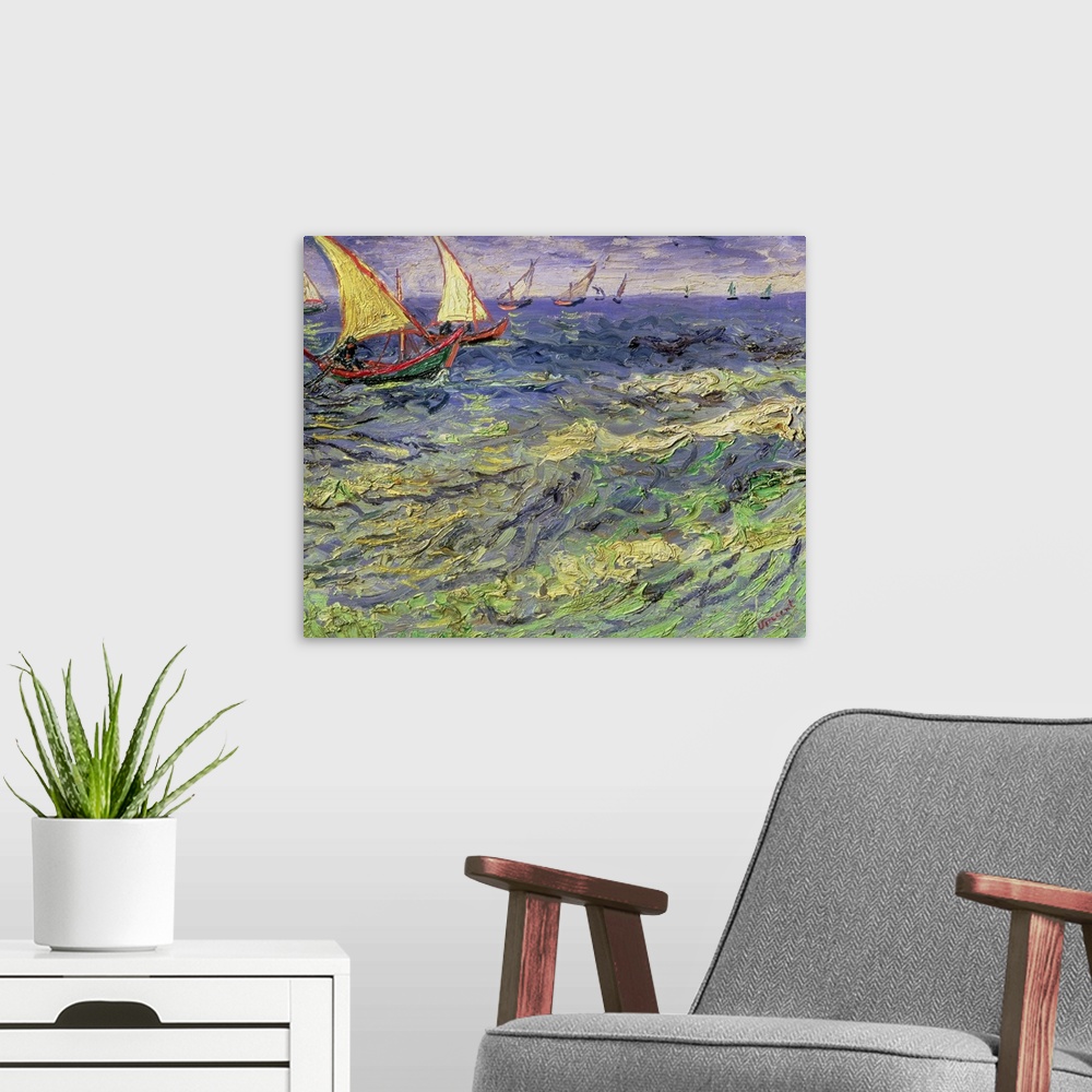 A modern room featuring Painting of sailboats on a rough ocean with waves under a cloudy sky.