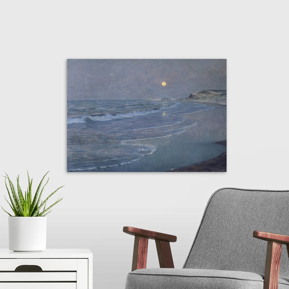 A modern room featuring Huge classic art depicts the waves of an ocean crashing into the sandy shoreline of a beach and r...