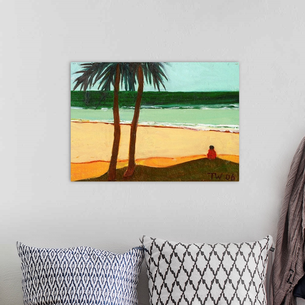 A bohemian room featuring Contemporary painting of a figure on a beach by the coast next to two palm trees.