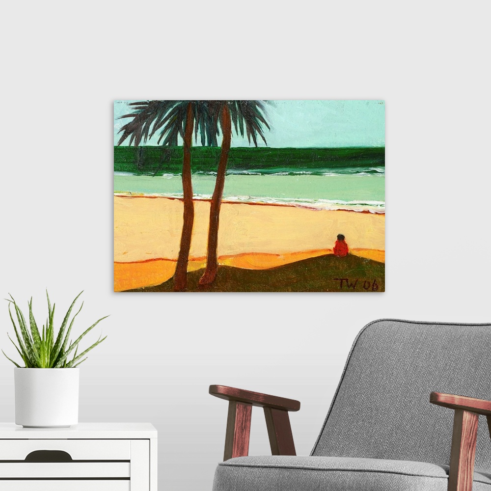 A modern room featuring Contemporary painting of a figure on a beach by the coast next to two palm trees.