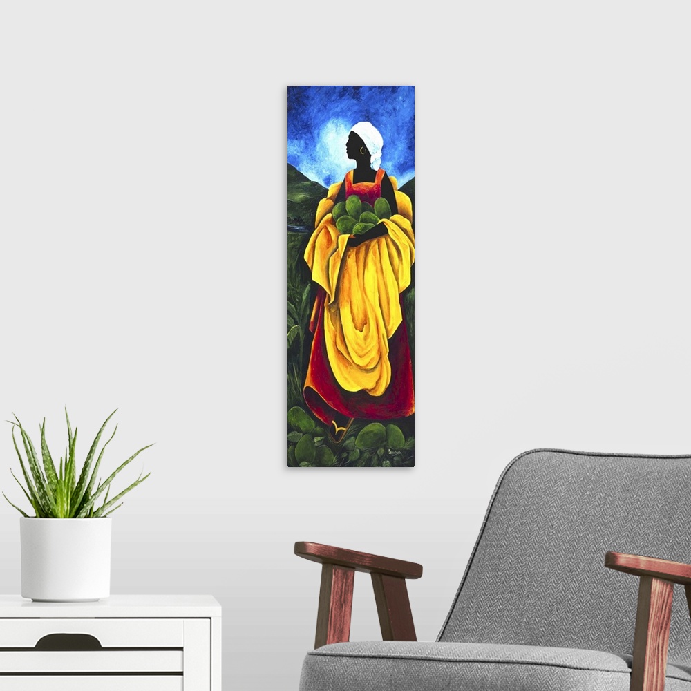 A modern room featuring Contemporary painting of a woman collecting avocados.