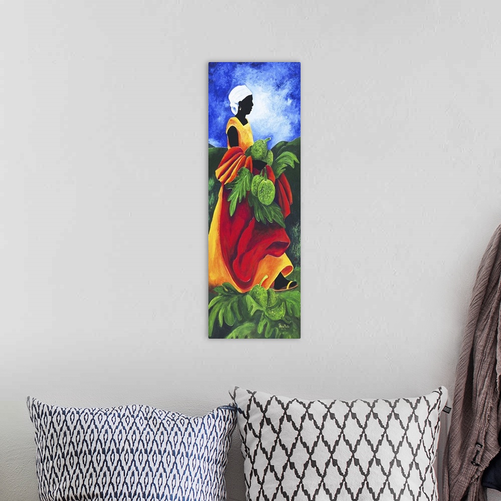 A bohemian room featuring Contemporary painting of a woman collecting breadfruit.