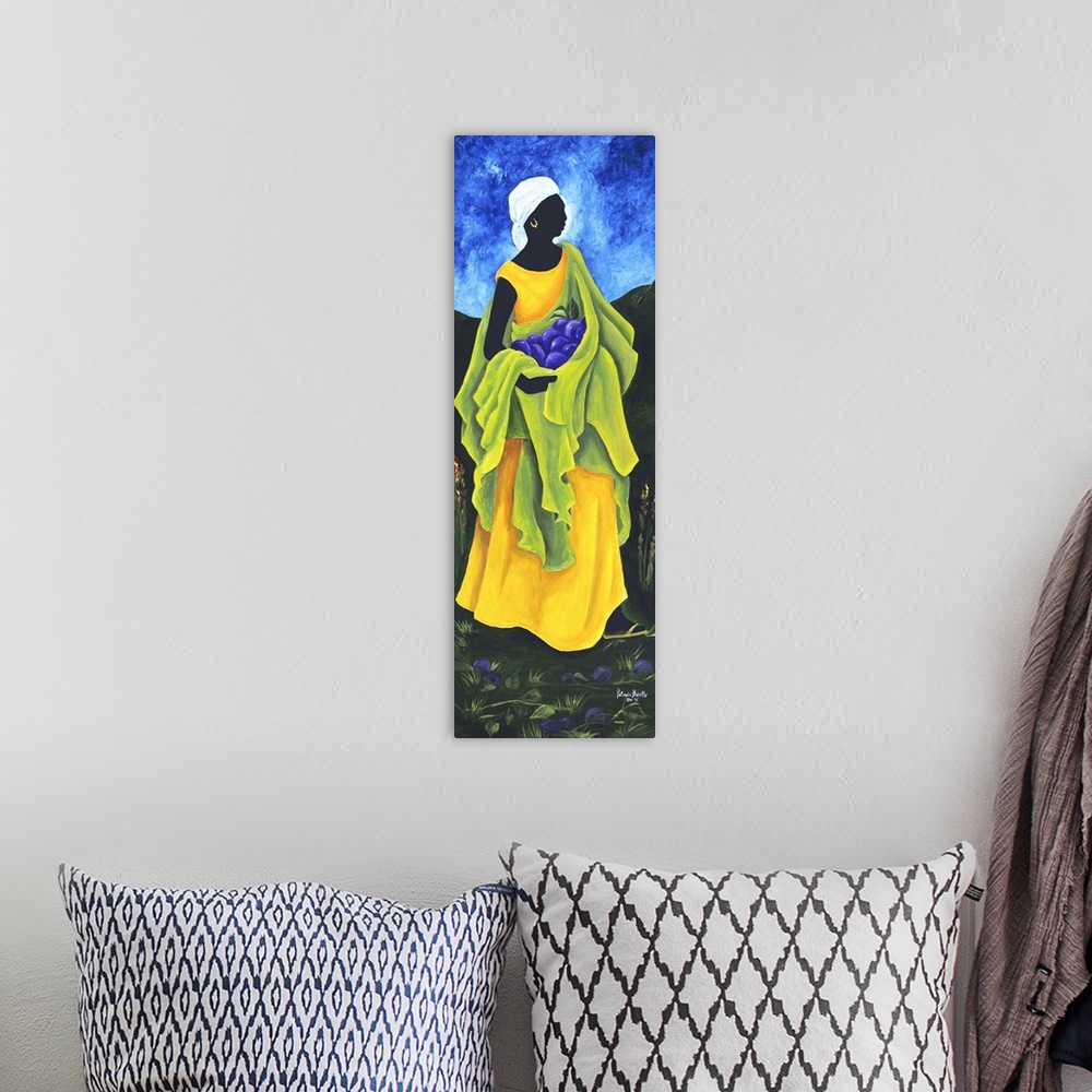 A bohemian room featuring Contemporary painting of a woman collecting Cayemite.