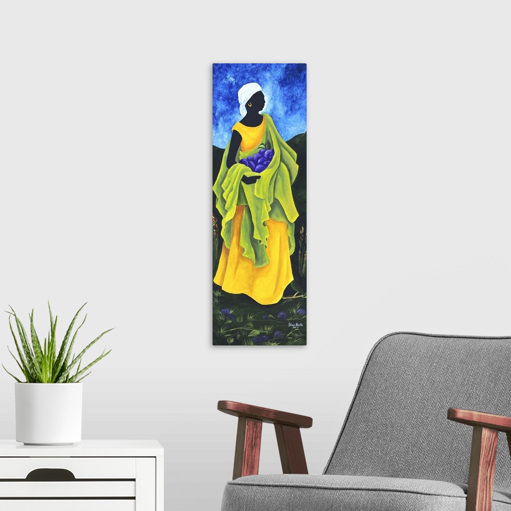 A modern room featuring Contemporary painting of a woman collecting Cayemite.