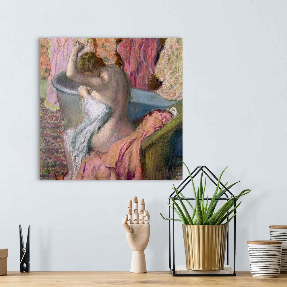 A bohemian room featuring This large artwork piece shows a woman sitting in a chair next to her bathtub drying off. Many di...