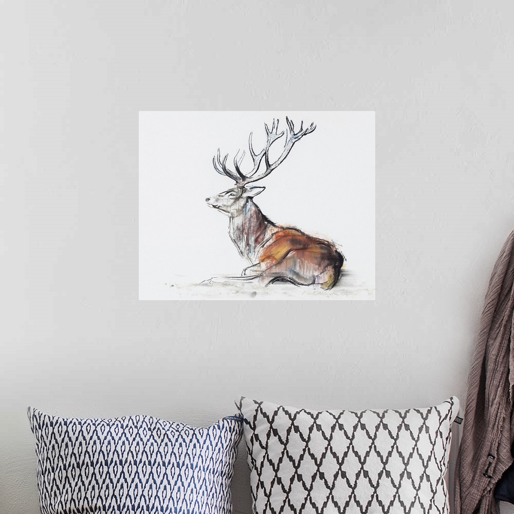 A bohemian room featuring Big sketch on canvas of a deer on a blank background.
