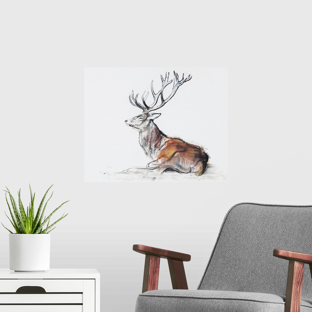 A modern room featuring Big sketch on canvas of a deer on a blank background.