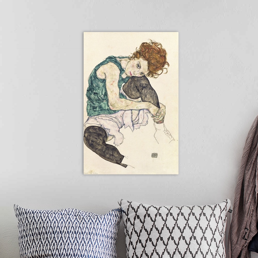 A bohemian room featuring BAL7756 Seated Woman with Bent Knee, 1917 (gouache, w/c and black crayon on paper)  by Schiele, E...