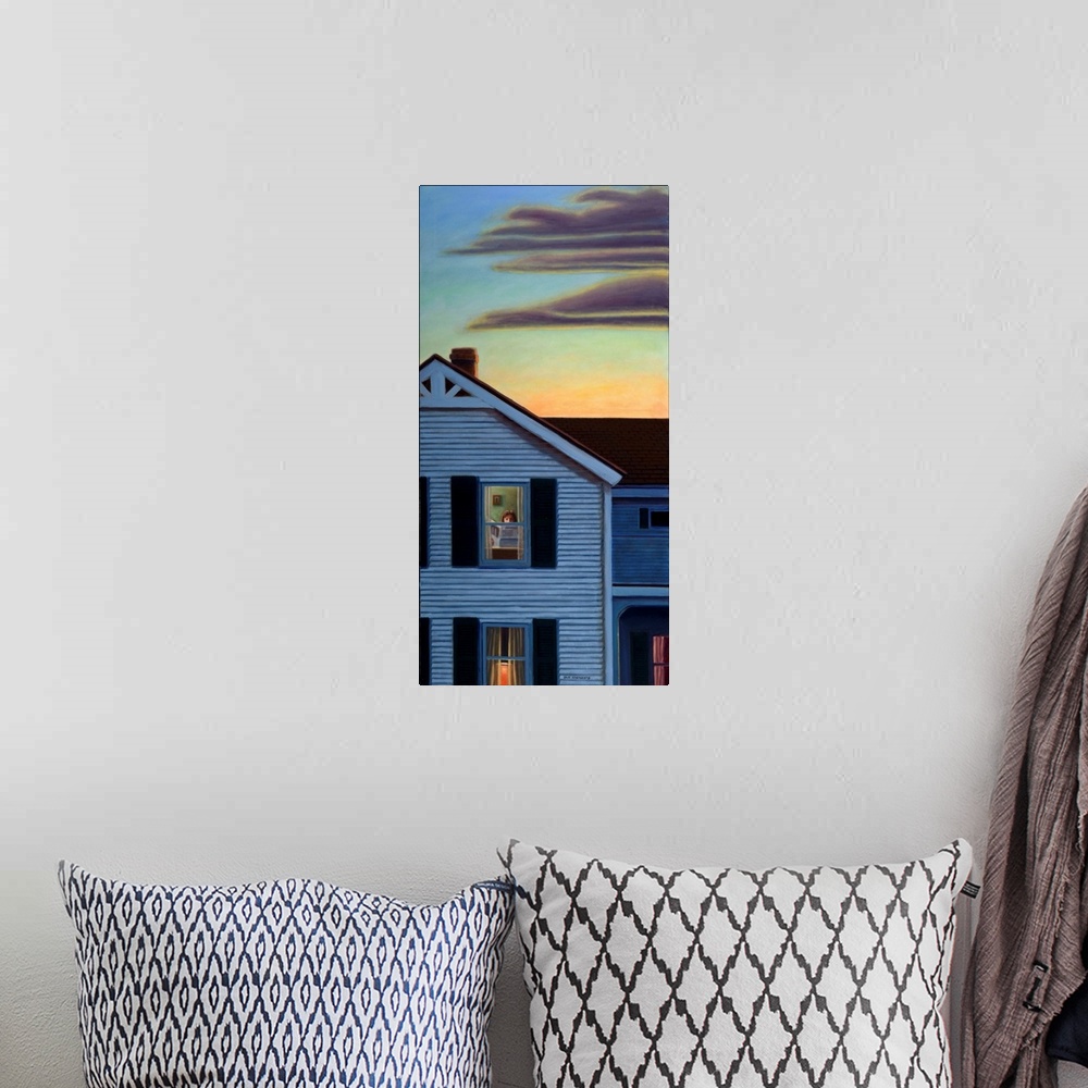 A bohemian room featuring Contemporary painting of a person in a second story window at dusk.