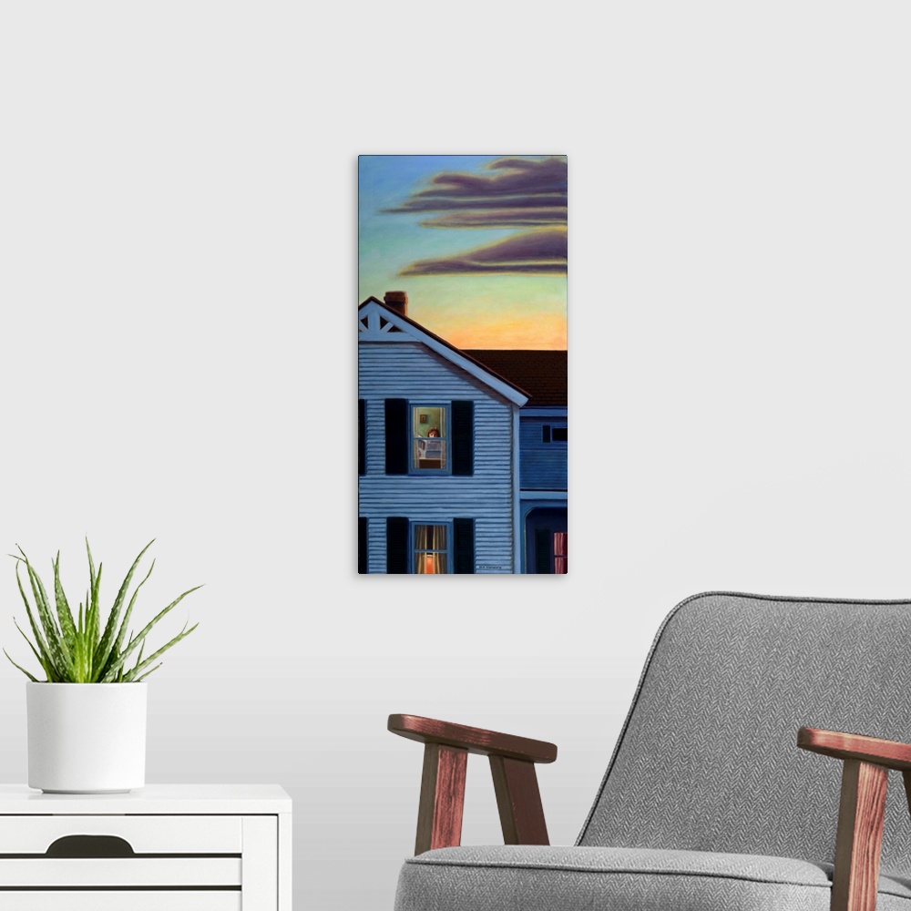 A modern room featuring Contemporary painting of a person in a second story window at dusk.