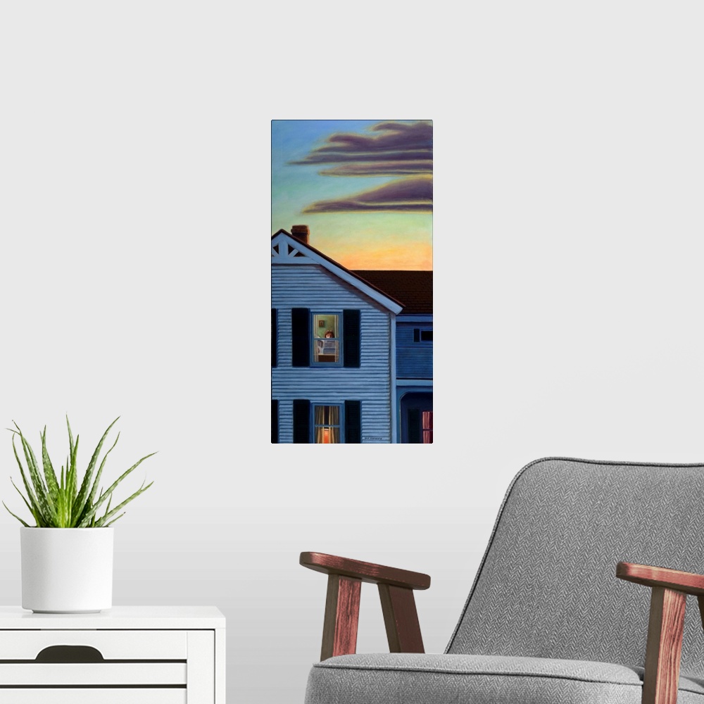 A modern room featuring Contemporary painting of a person in a second story window at dusk.